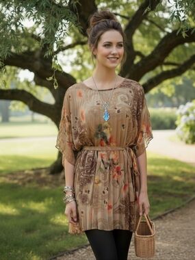Status by Chenault Sheer Brown Boho Floral Top w/ Tank & Belt – Size Medium
